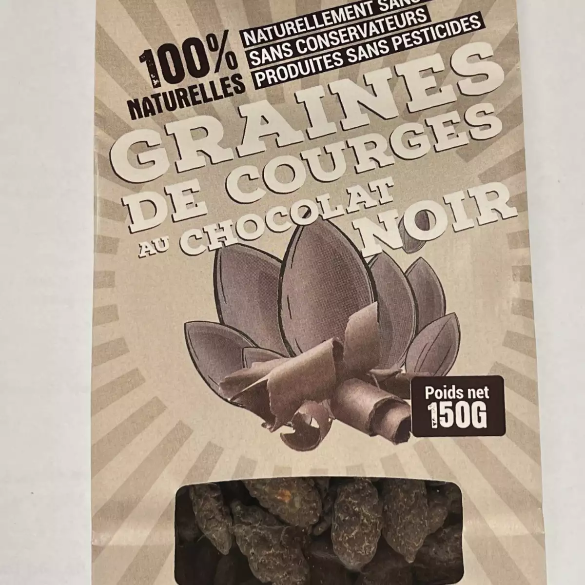 Sachet de 150g de graines de courges au chocolat noir