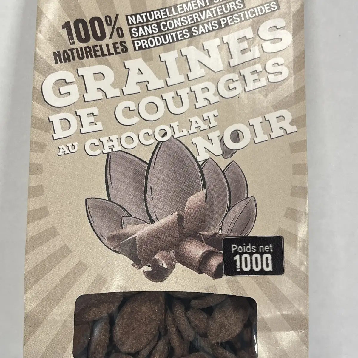 Sachet de 100g de graines de courges au chocolat noir