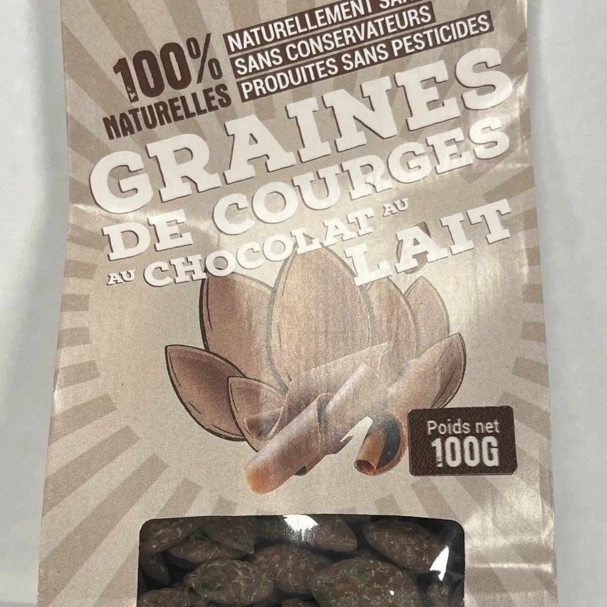 Sachet de 100g de graines de courges au chocolat au lait
