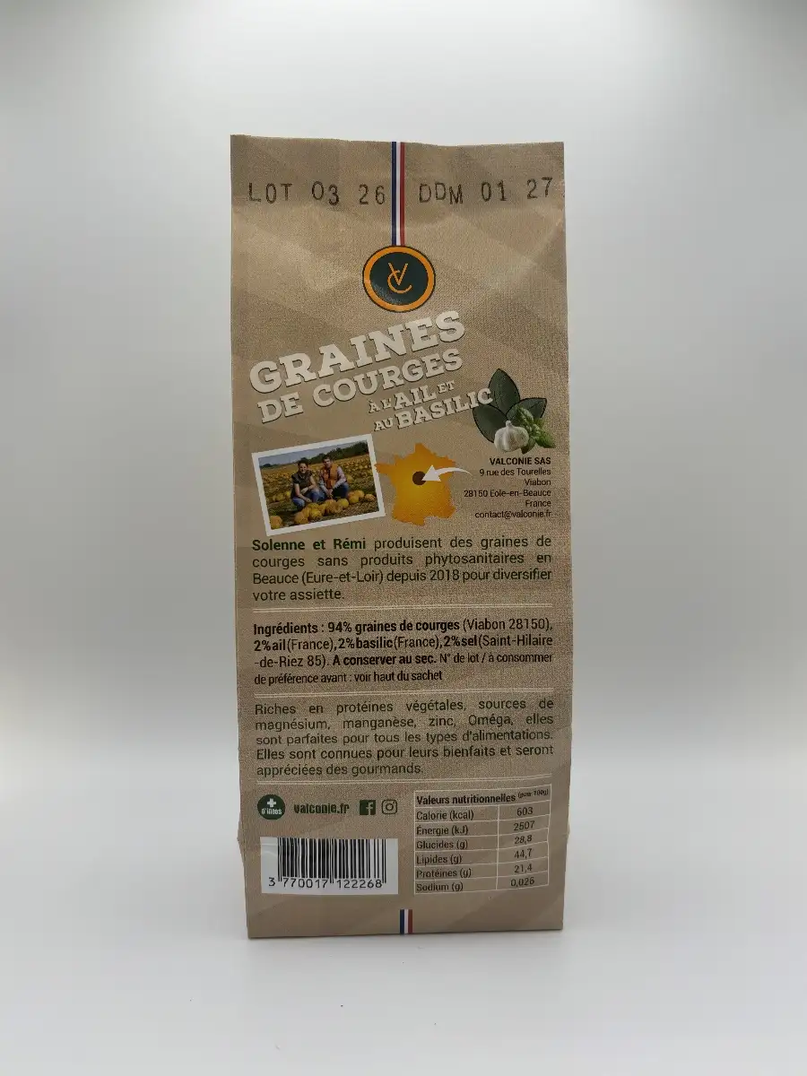 Sachet de 150g de graines de courges Ail et Basilic