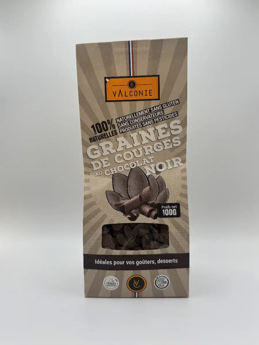 Sachet de 100g de graines de courges au chocolat noir