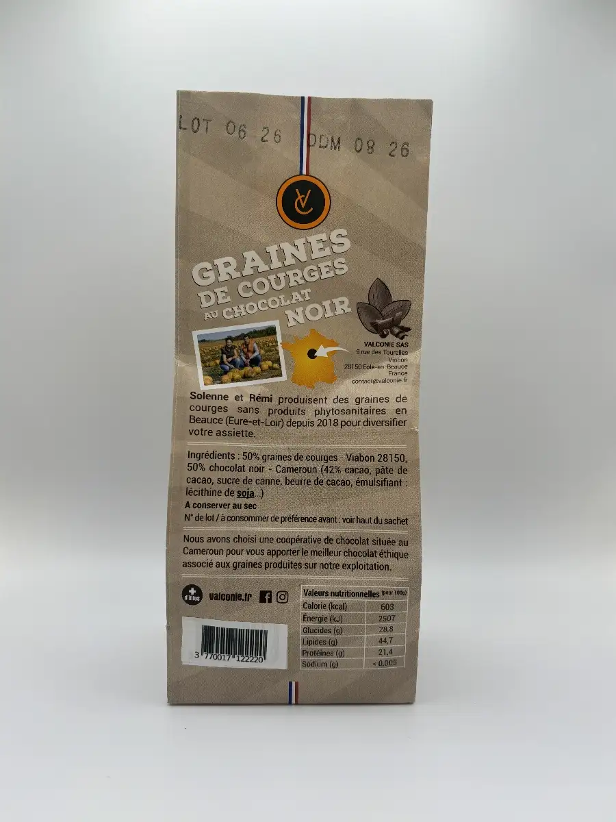 Sachet de 100g de graines de courges au chocolat noir