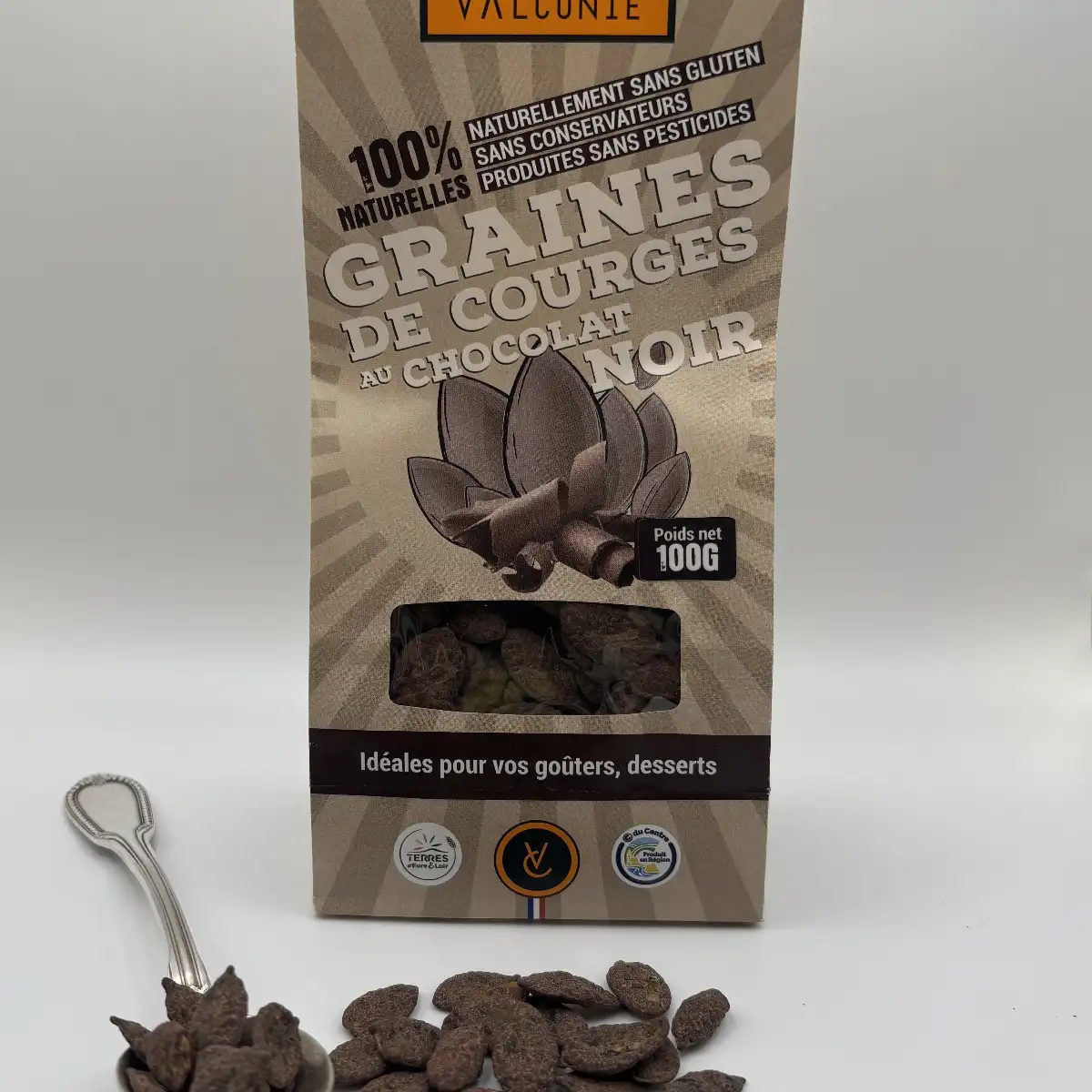 Sachet de 100g de graines de courges au chocolat noir