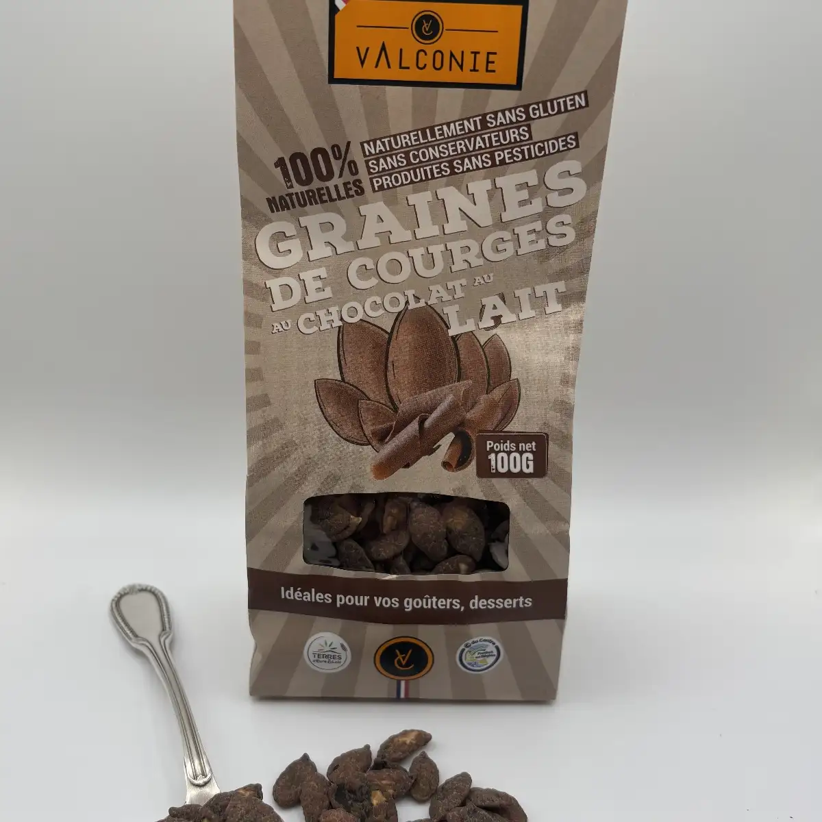 Sachet de 100g de graines de courges au chocolat au lait