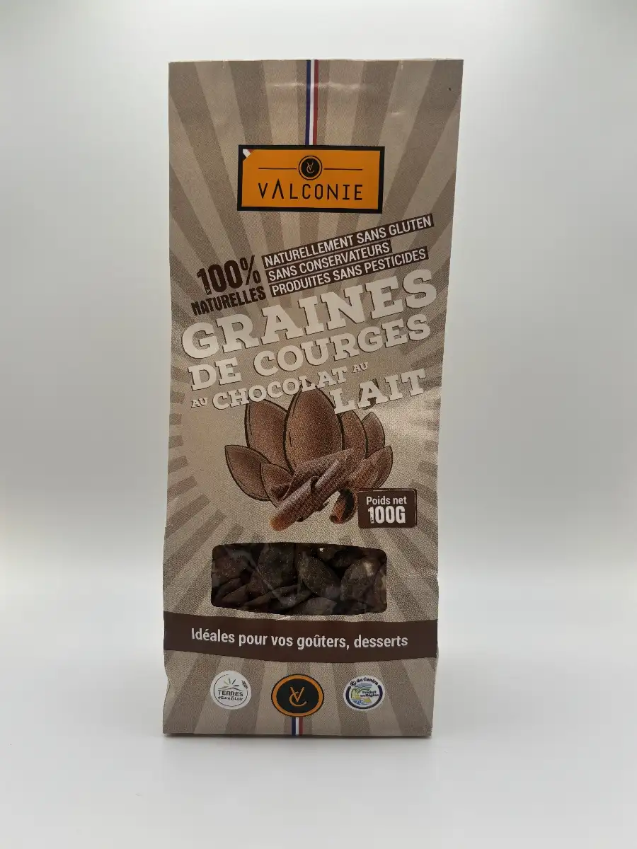 Sachet de 100g de graines de courges au chocolat au lait