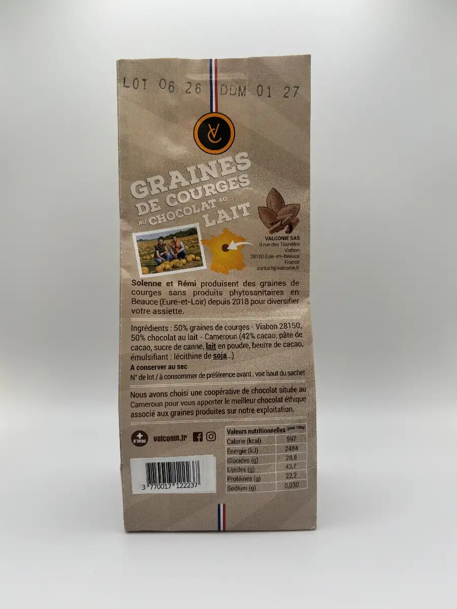Sachet de 100g de graines de courges au chocolat au lait